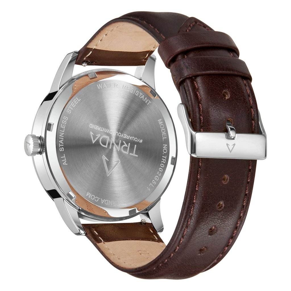 Trnda Men's Stainless Steel Watch, Brown Leather Band | Trn-Ss43b